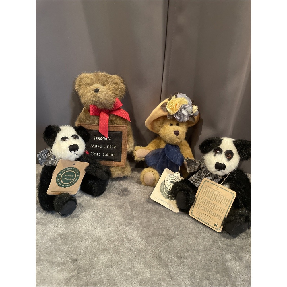 Vintage Boyds Bears Plush Lot of 4 Teacher Chalkboard Pandas Dressed with Tags